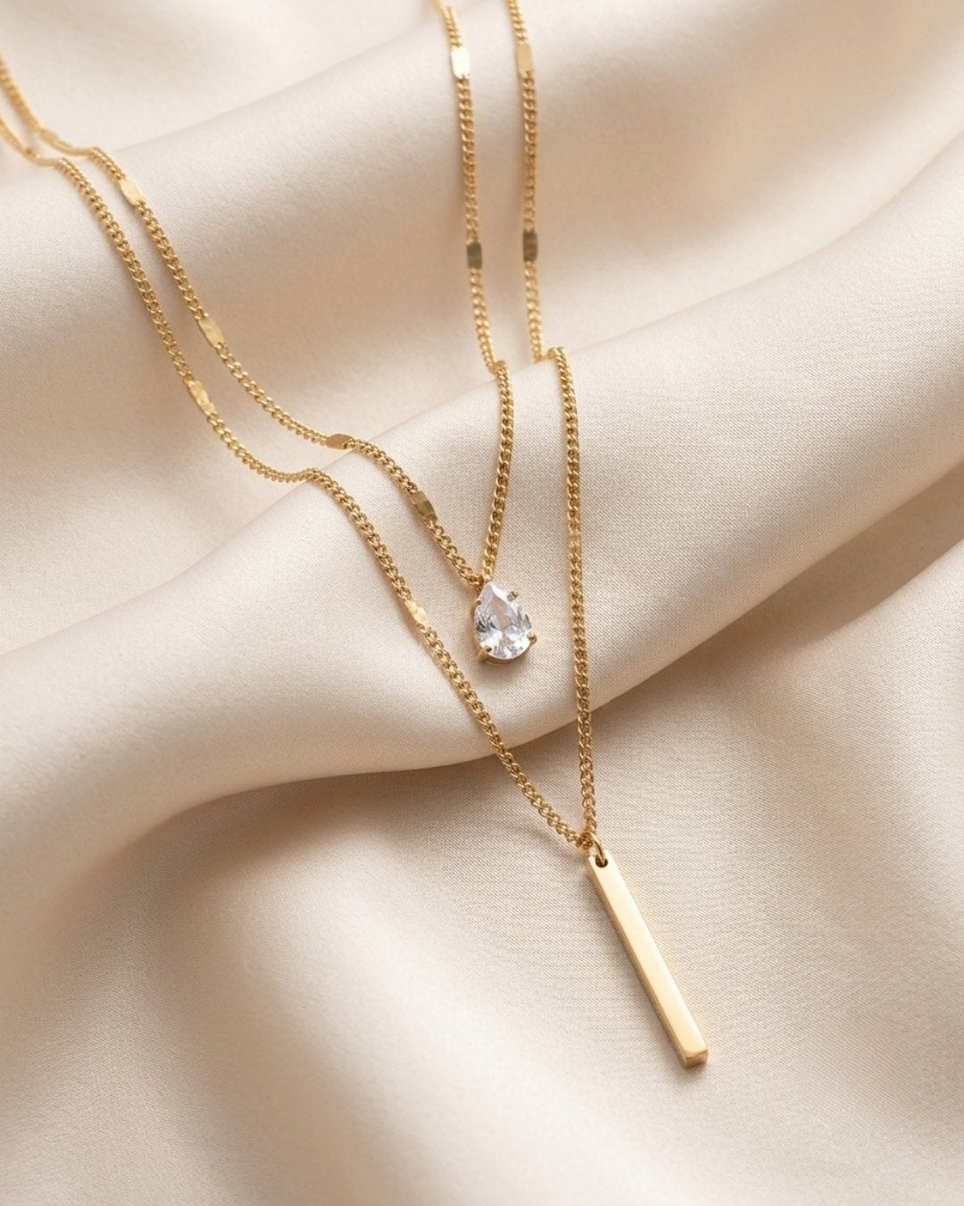 Dual Layer Teardrop Crystal & Vertical Bar Gold Plated Necklace