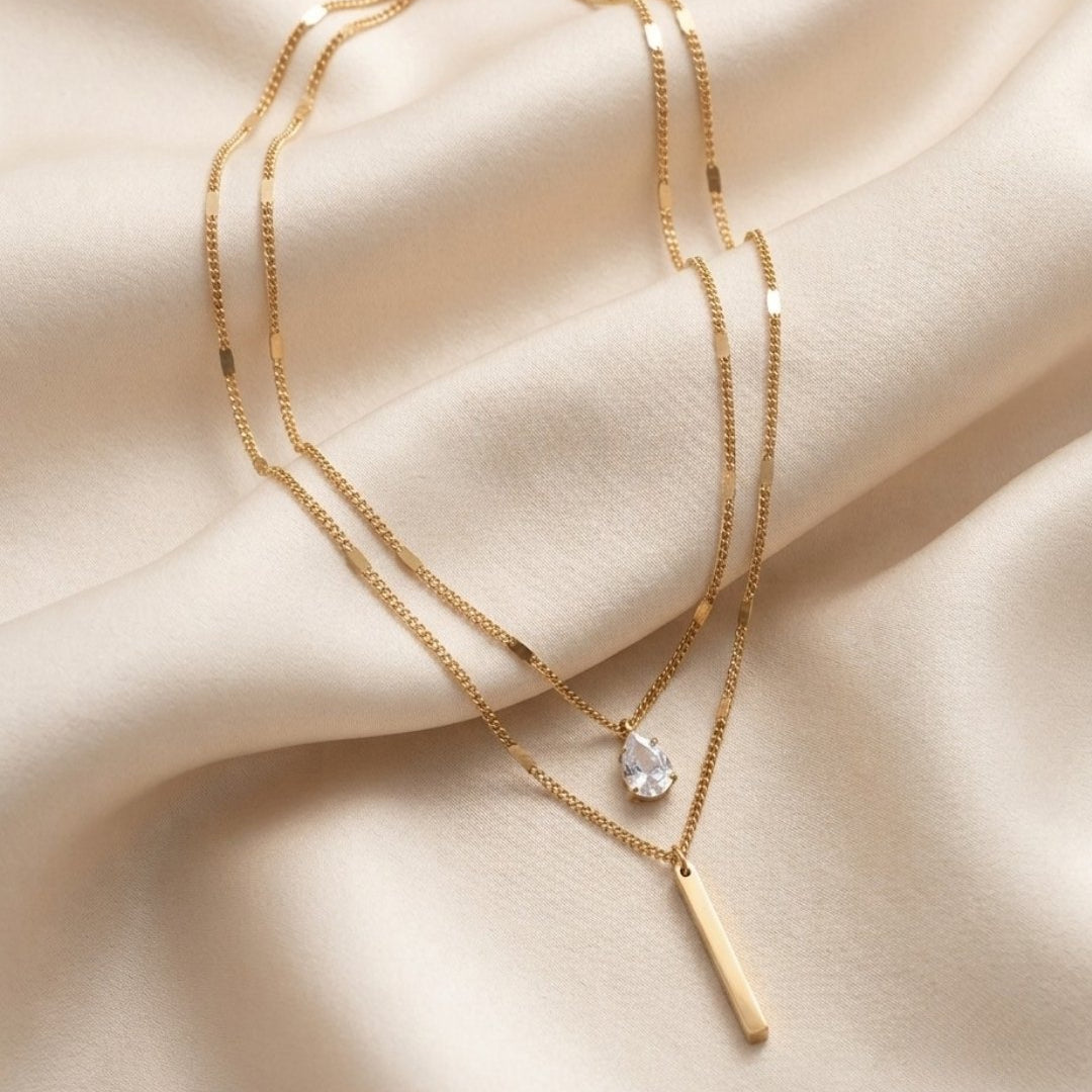Dual Layer Teardrop Crystal & Vertical Bar Gold Plated Necklace