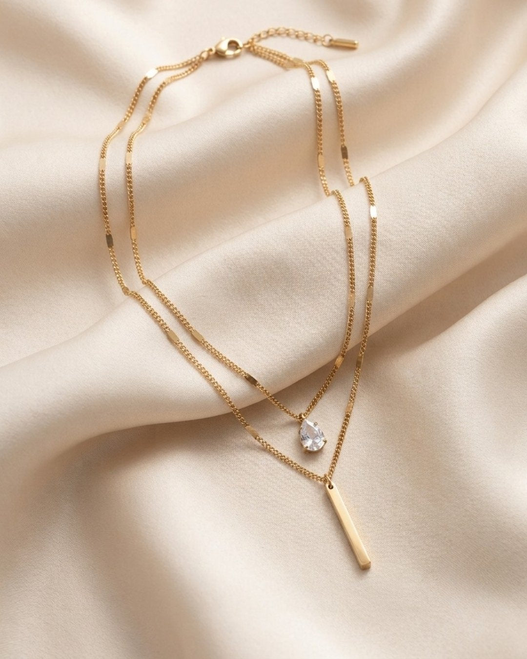 Dual Layer Teardrop Crystal & Vertical Bar Gold Plated Necklace