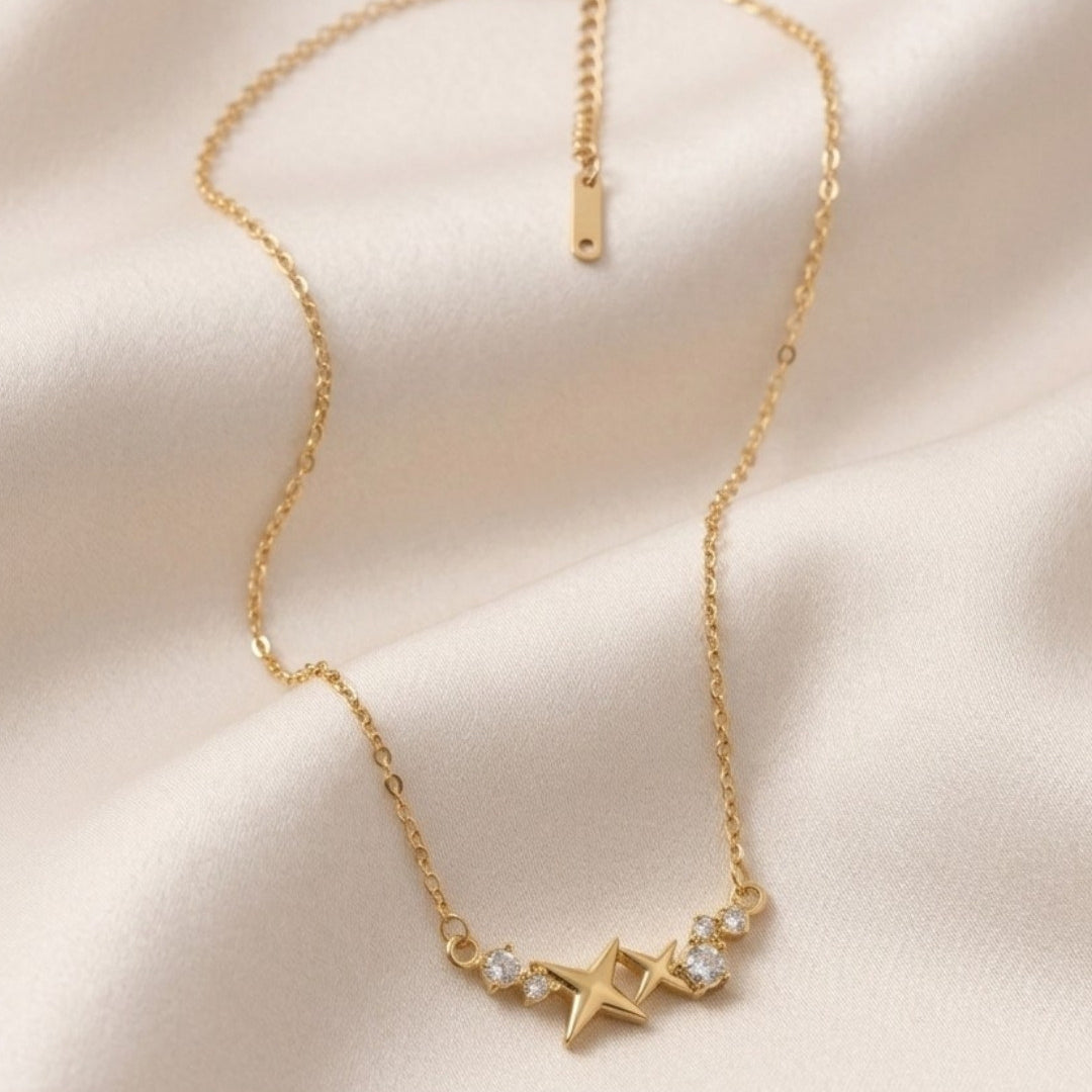 Celestial Dual Star Crystal Station Gold Plated Necklace