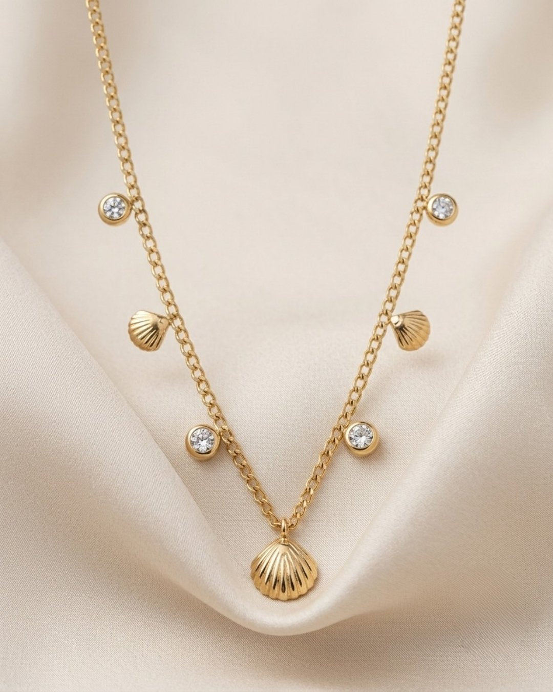 Ocean Shell & Crystal Station Gold Plated Necklace