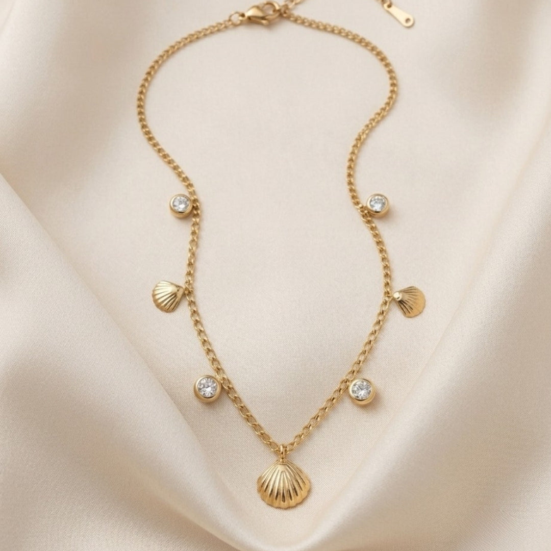 Ocean Shell & Crystal Station Gold Plated Necklace