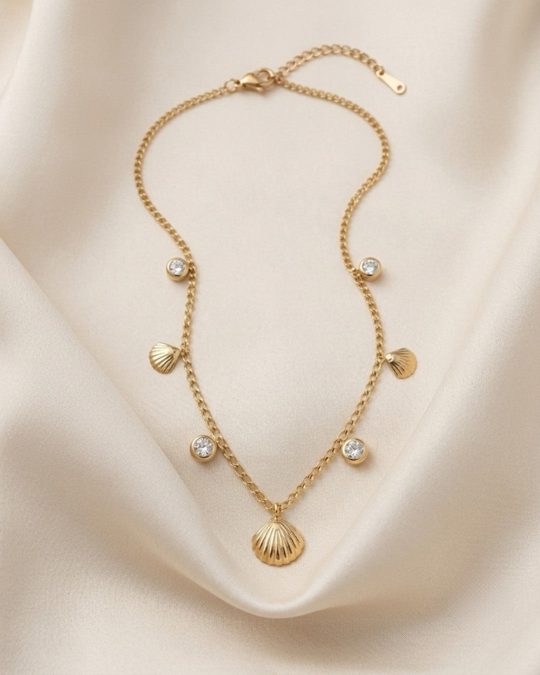 Ocean Shell & Crystal Station Gold Plated Necklace