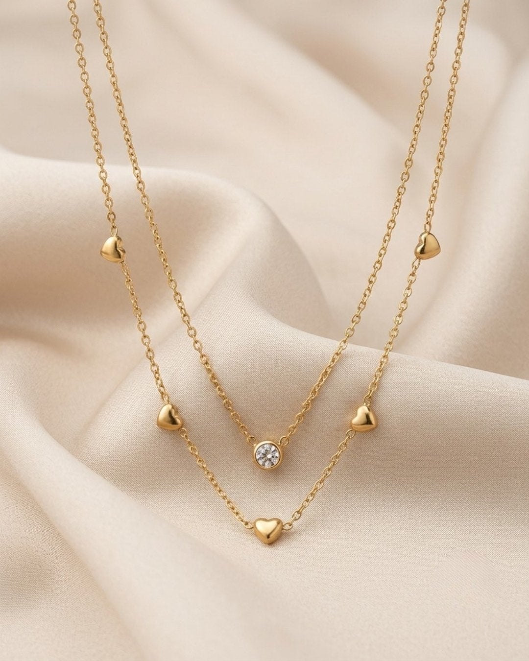 Dual Layer Solitaire Crystal & Multi-Heart Gold Plated Necklace