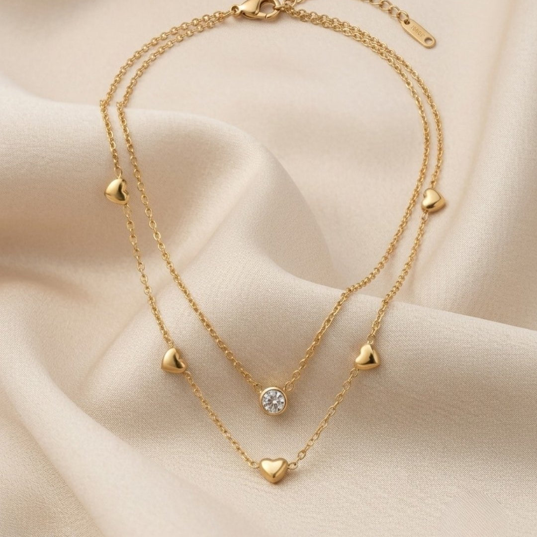 Dual Layer Solitaire Crystal & Multi-Heart Gold Plated Necklace