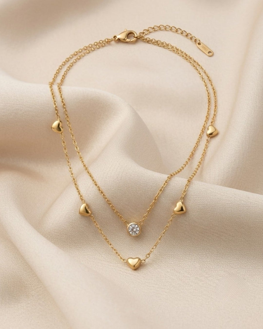 Dual Layer Solitaire Crystal & Multi-Heart Gold Plated Necklace