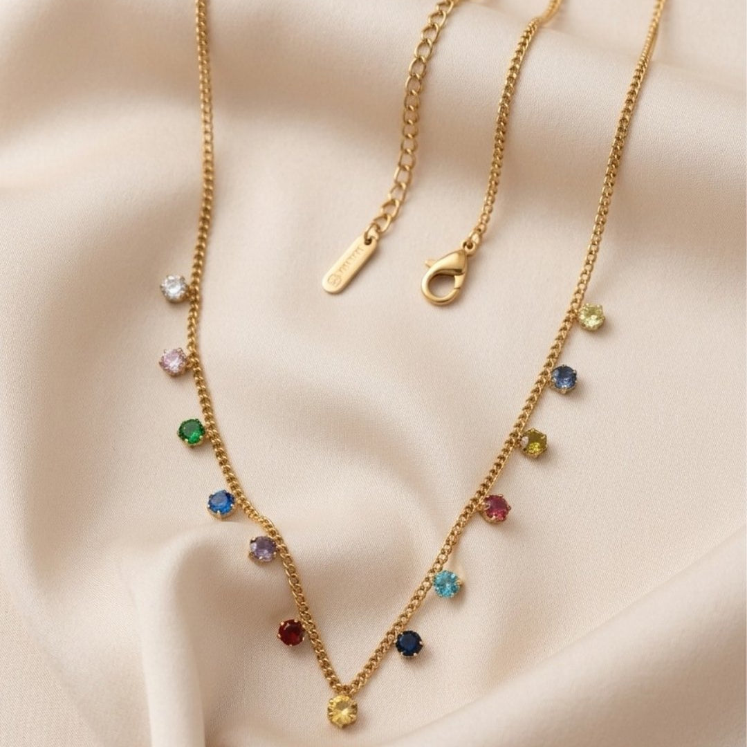 Rainbow Multi-Color Crystal Charm Gold Plated Necklace