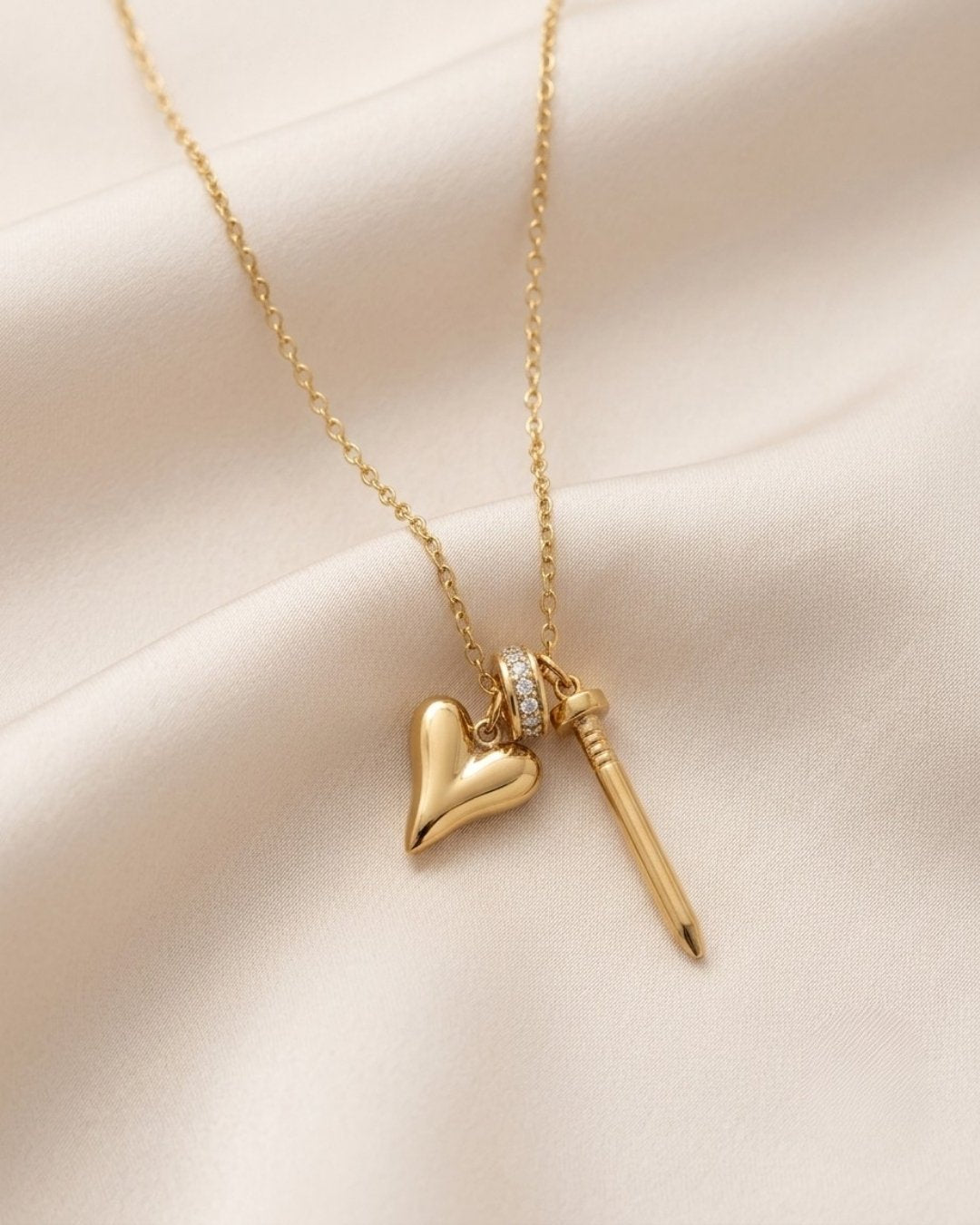 Puffy Heart & Nail Charm Gold Plated Necklace