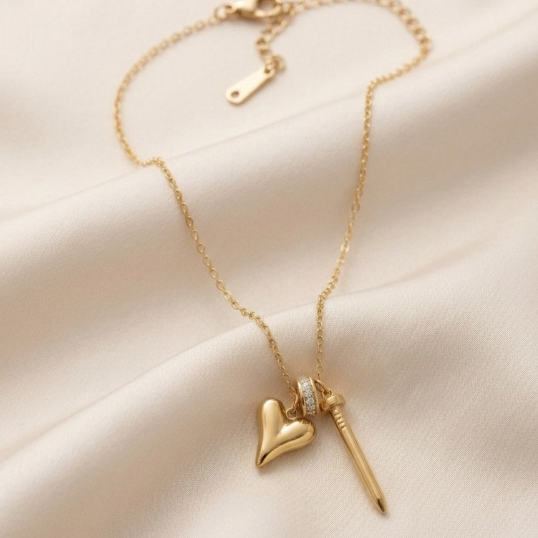 Puffy Heart & Nail Charm Gold Plated Necklace