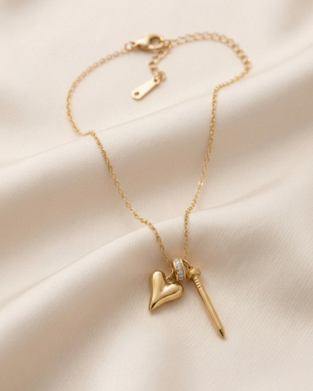 Puffy Heart & Nail Charm Gold Plated Necklace