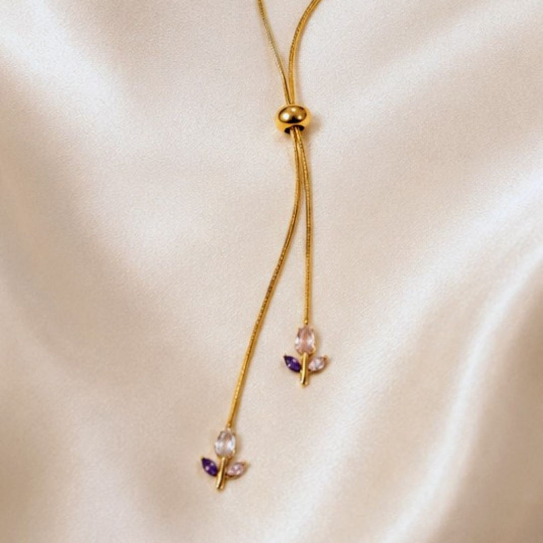 Floral Crystal Lariat Gold Plated Necklace