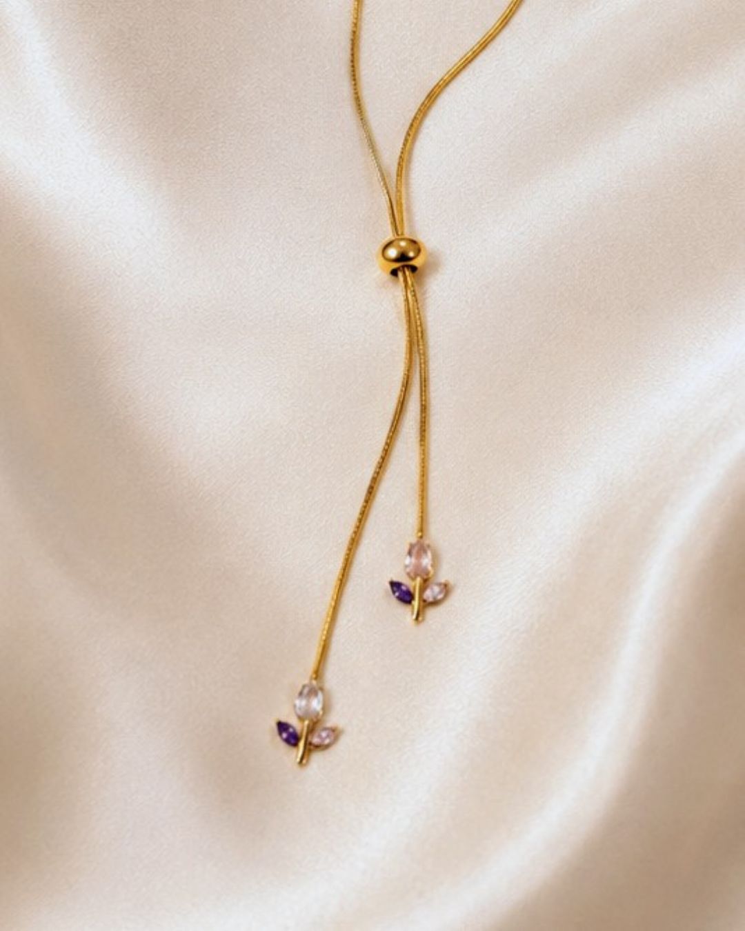 Floral Crystal Lariat Gold Plated Necklace