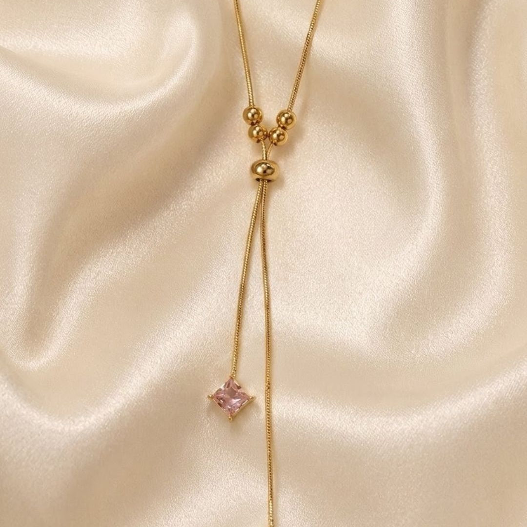 Pink Crystal Lariat Gold Plated Necklace