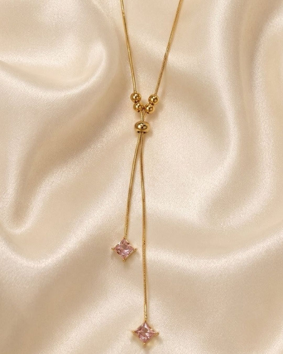 Pink Crystal Lariat Gold Plated Necklace