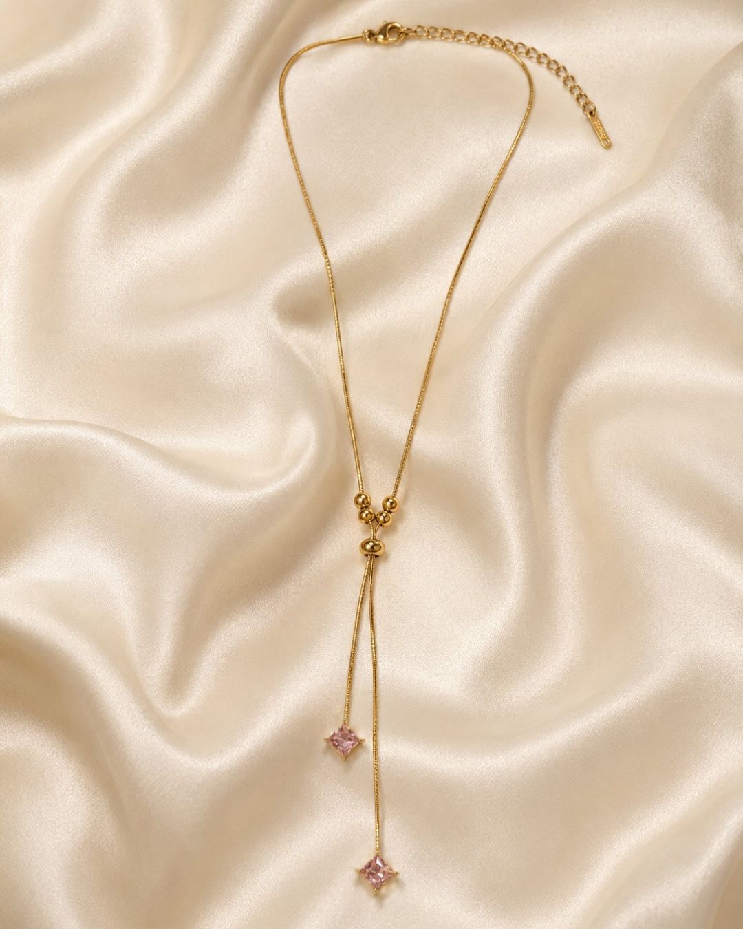 Pink Crystal Lariat Gold Plated Necklace