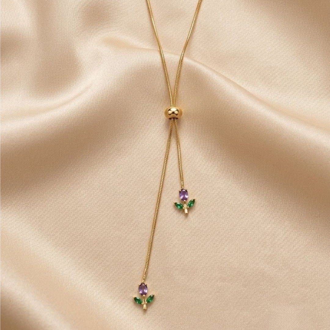 Tulip Crystal Lariat Gold Plated Necklace