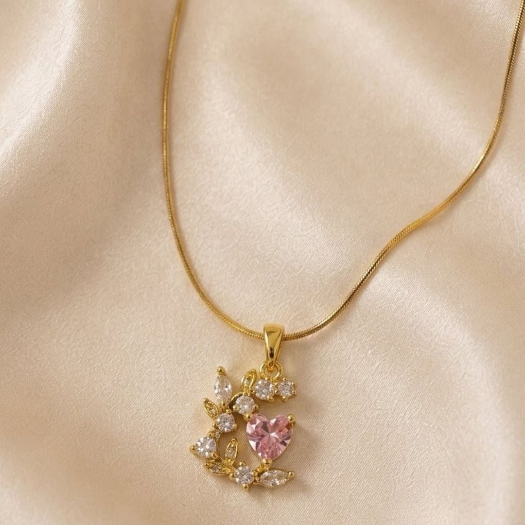 Pink Heart Floral Gold Plated Necklace
