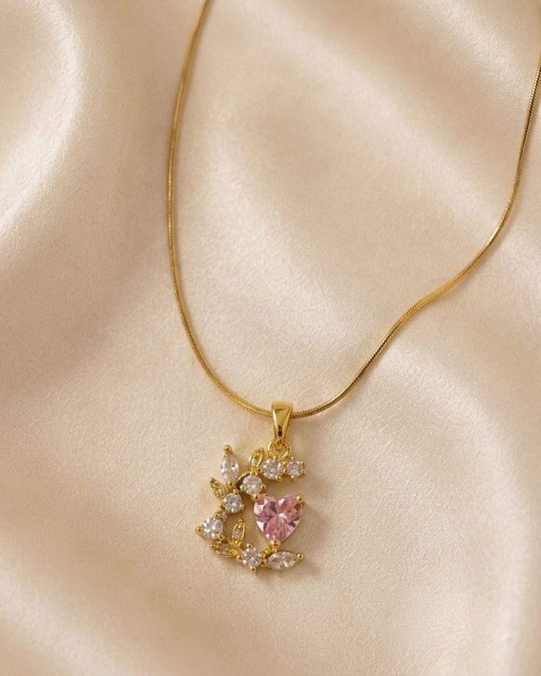 Pink Heart Floral Gold Plated Necklace