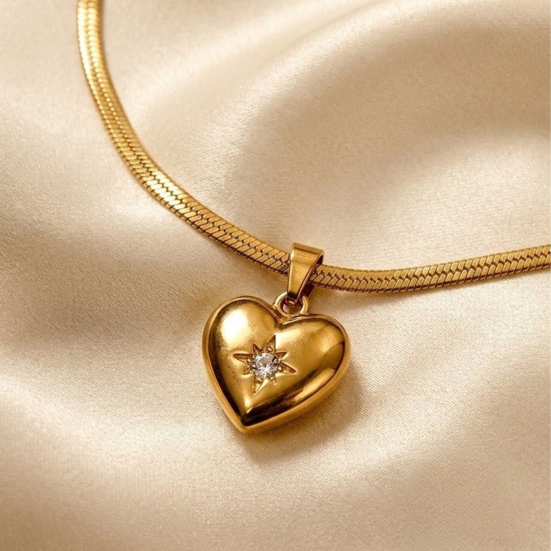Puffed Starburst Heart Gold Plated Necklace