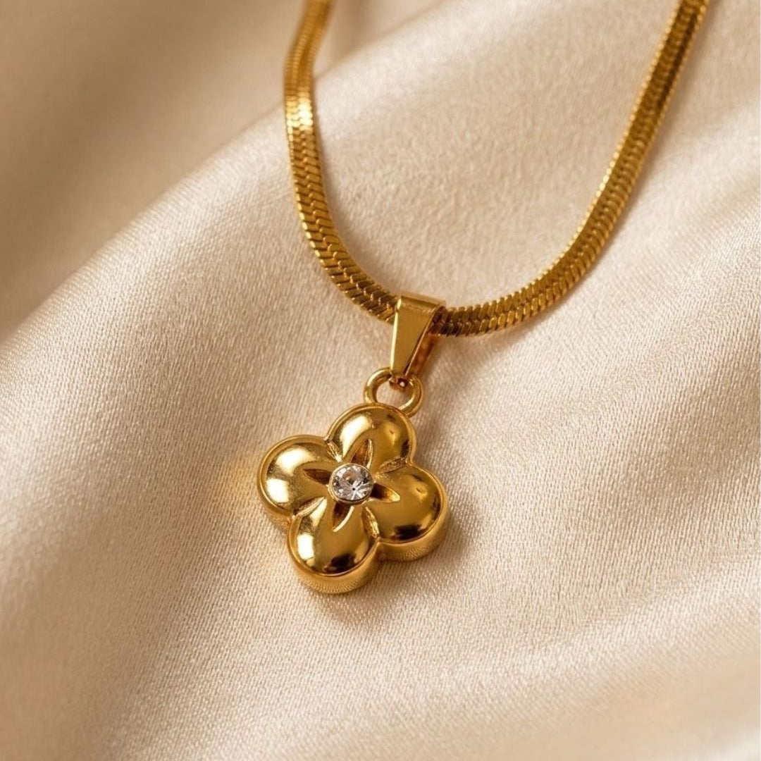 Floral Clover Crystal Gold Plated Necklace