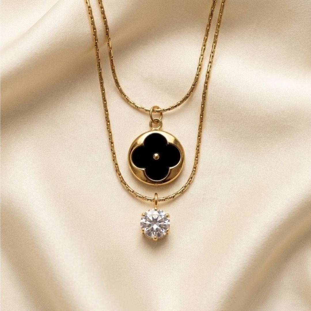 Double Layer Clover Crystal Gold Plated Necklace