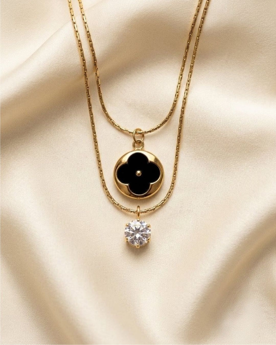 Double Layer Clover Crystal Gold Plated Necklace