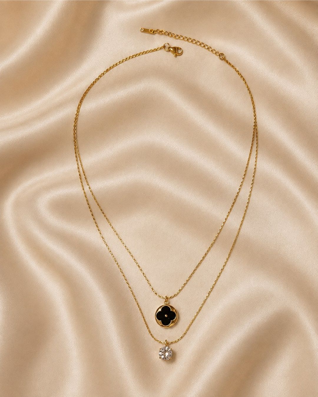 Double Layer Clover Crystal Gold Plated Necklace