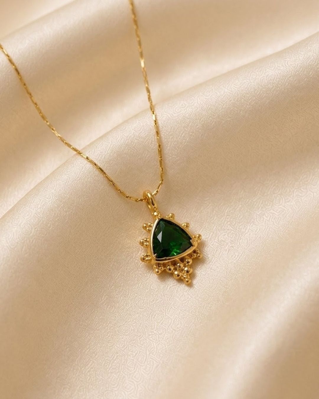 Triangle Green Gem Beaded Gold Plated Necklace