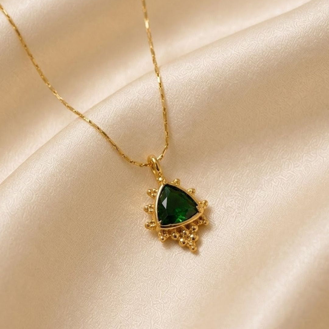 Triangle Green Gem Beaded Gold Plated Necklace
