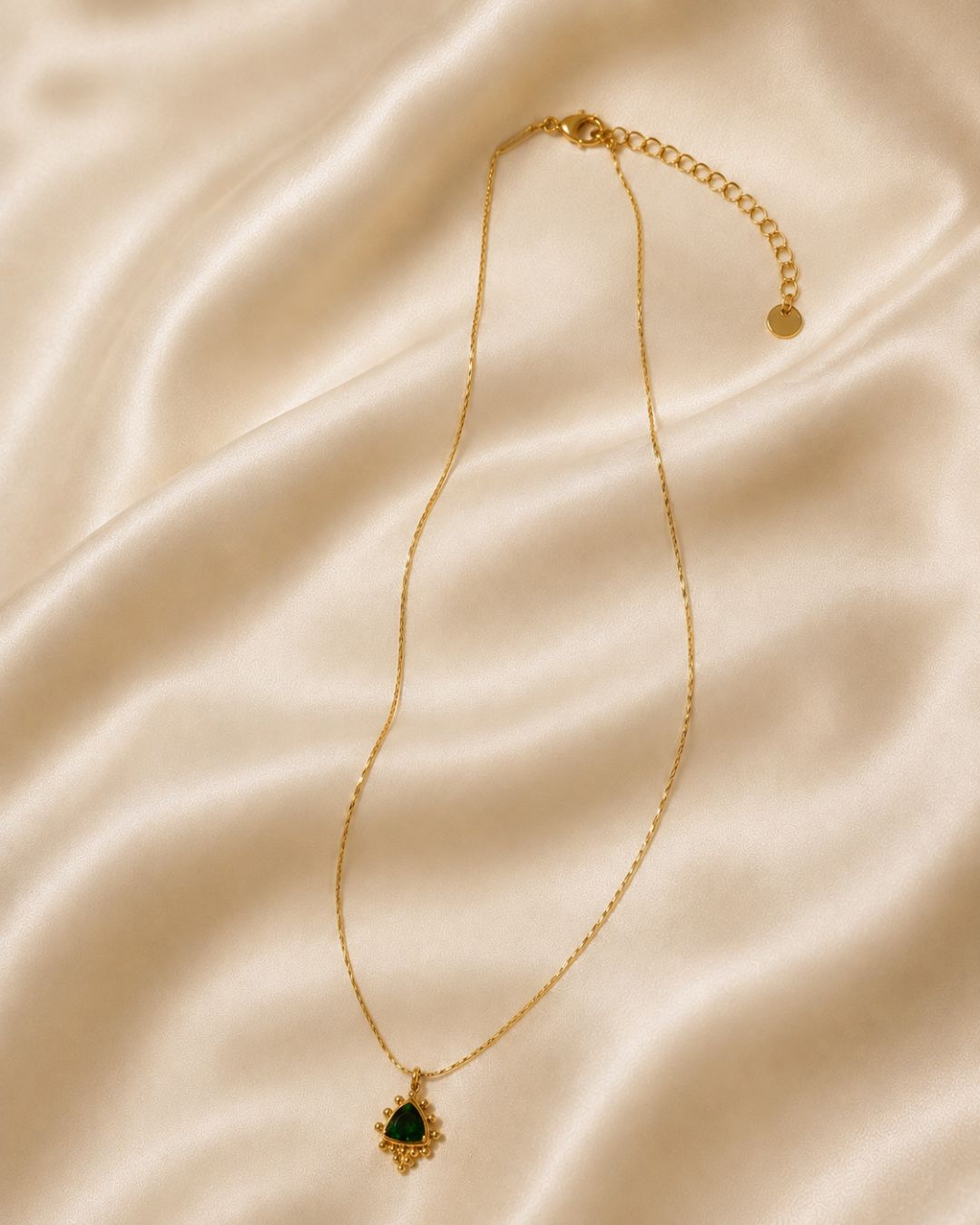 Triangle Green Gem Beaded Gold Plated Necklace