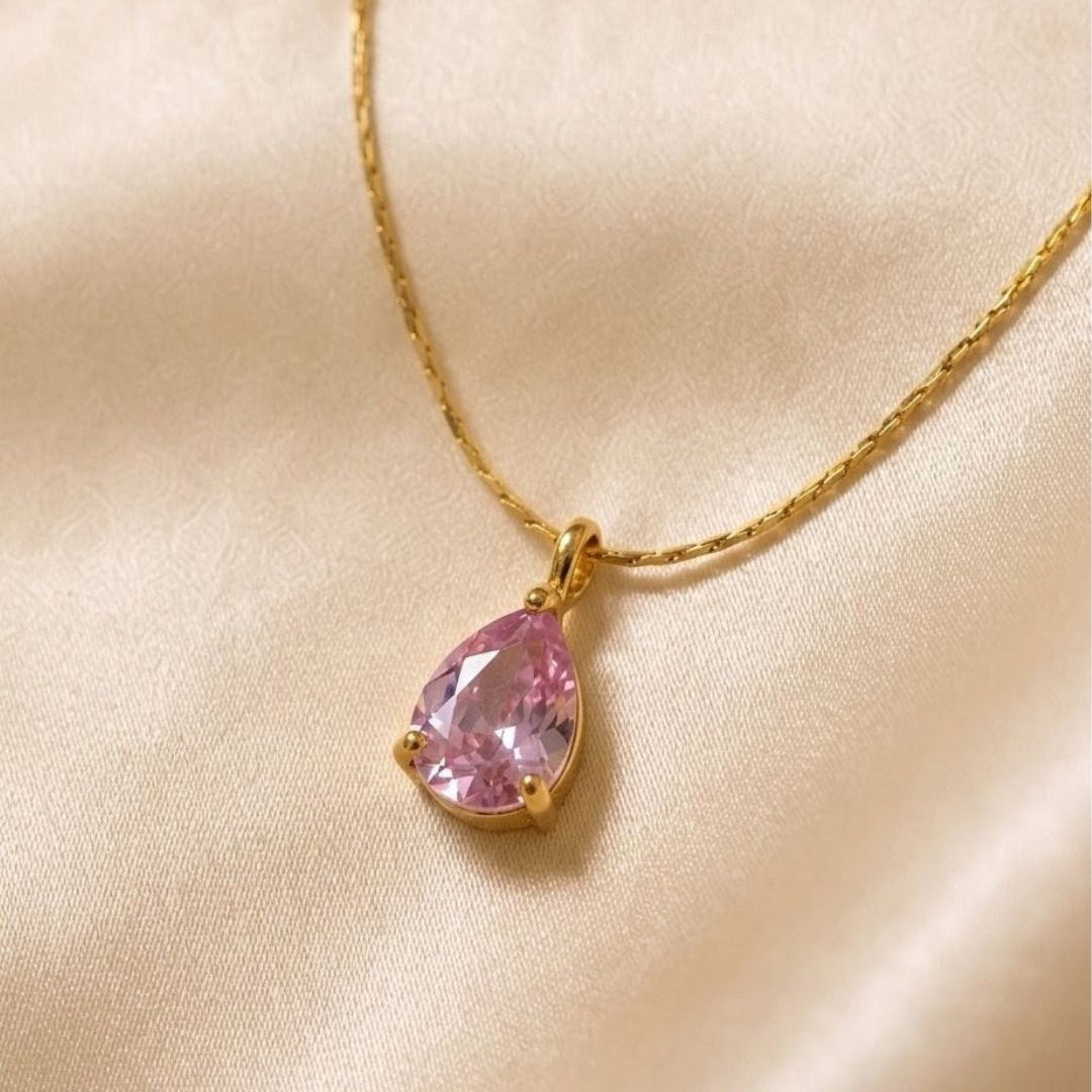 Teardrop Pink Crystal Gold Plated Necklace
