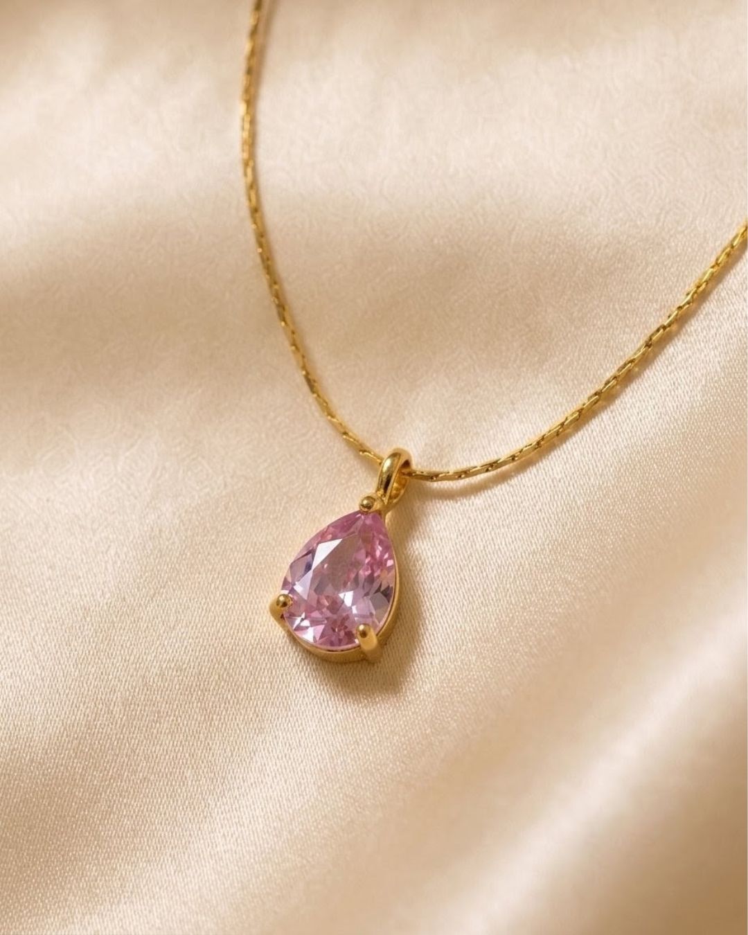 Teardrop Pink Crystal Gold Plated Necklace