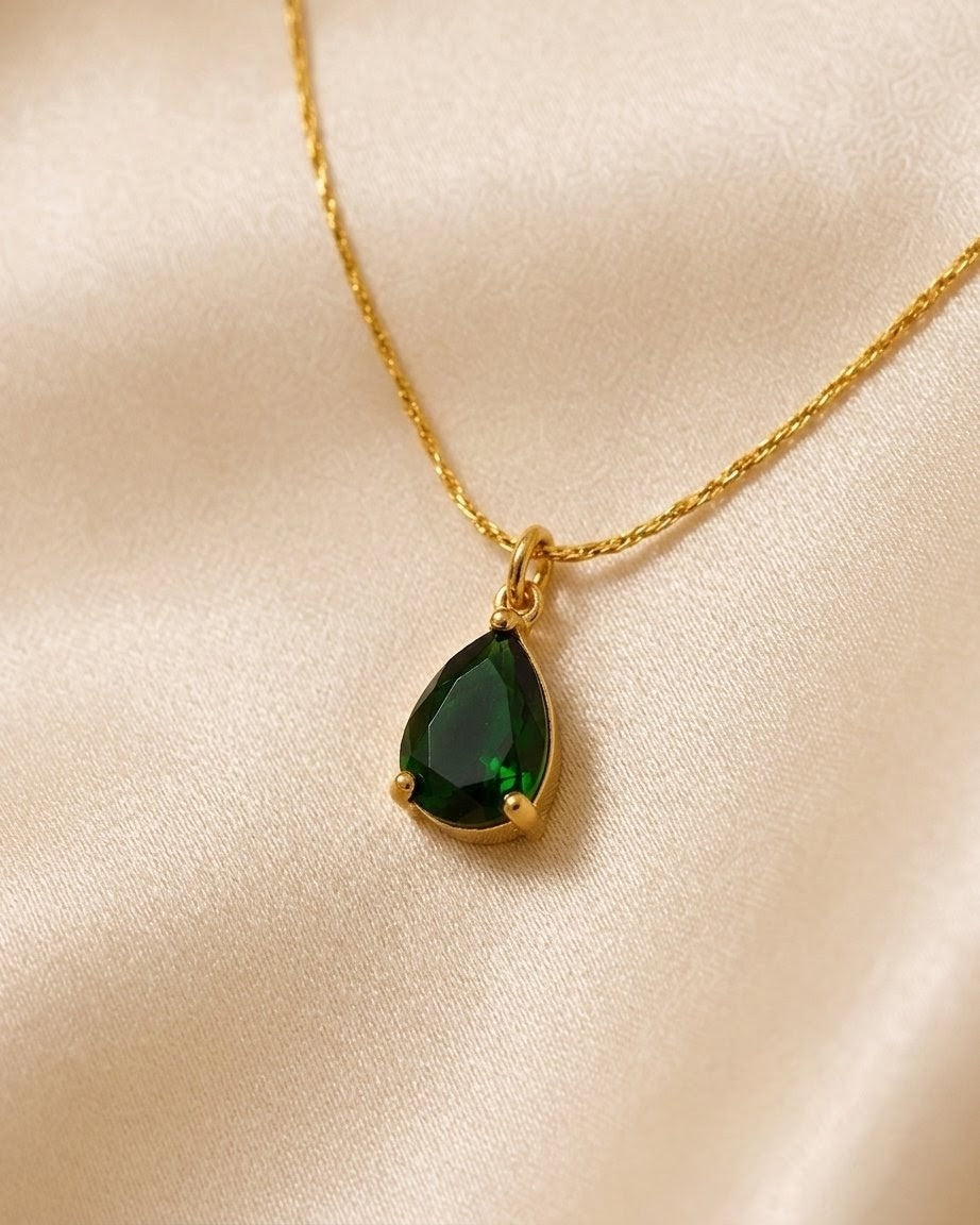 Teardrop Green Gem Gold Plated Necklace