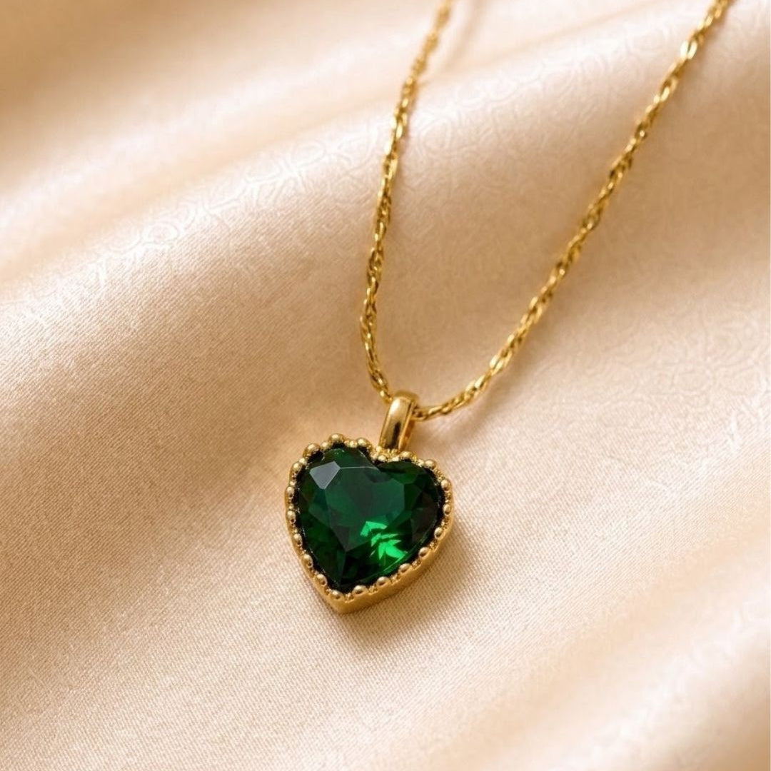 Heart Green Gem Beaded Gold Plated Necklace