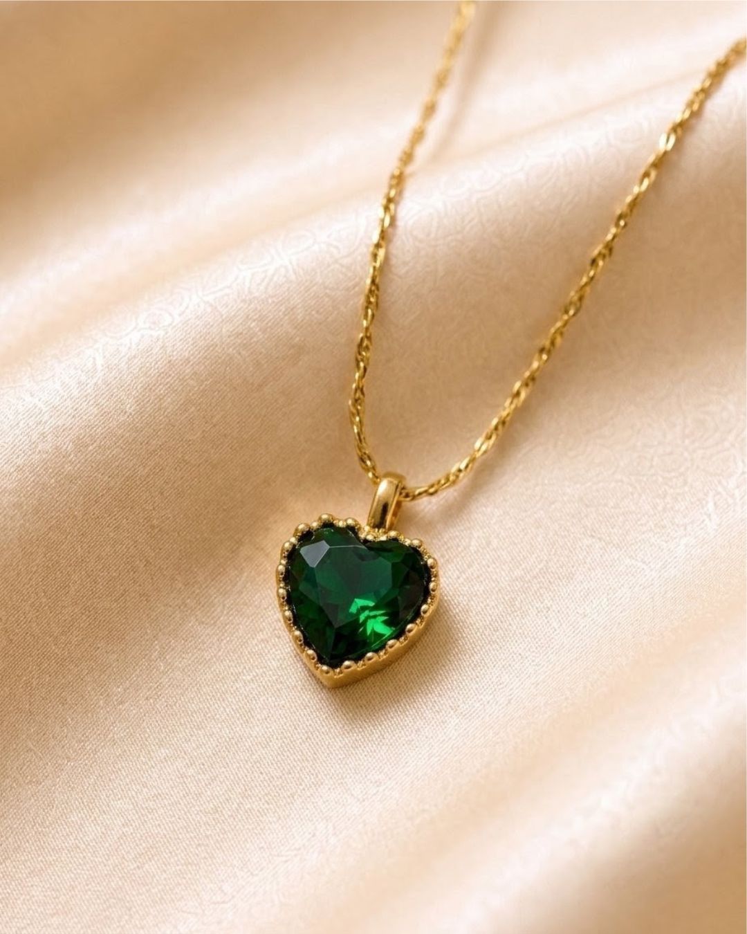 Heart Green Gem Beaded Gold Plated Necklace