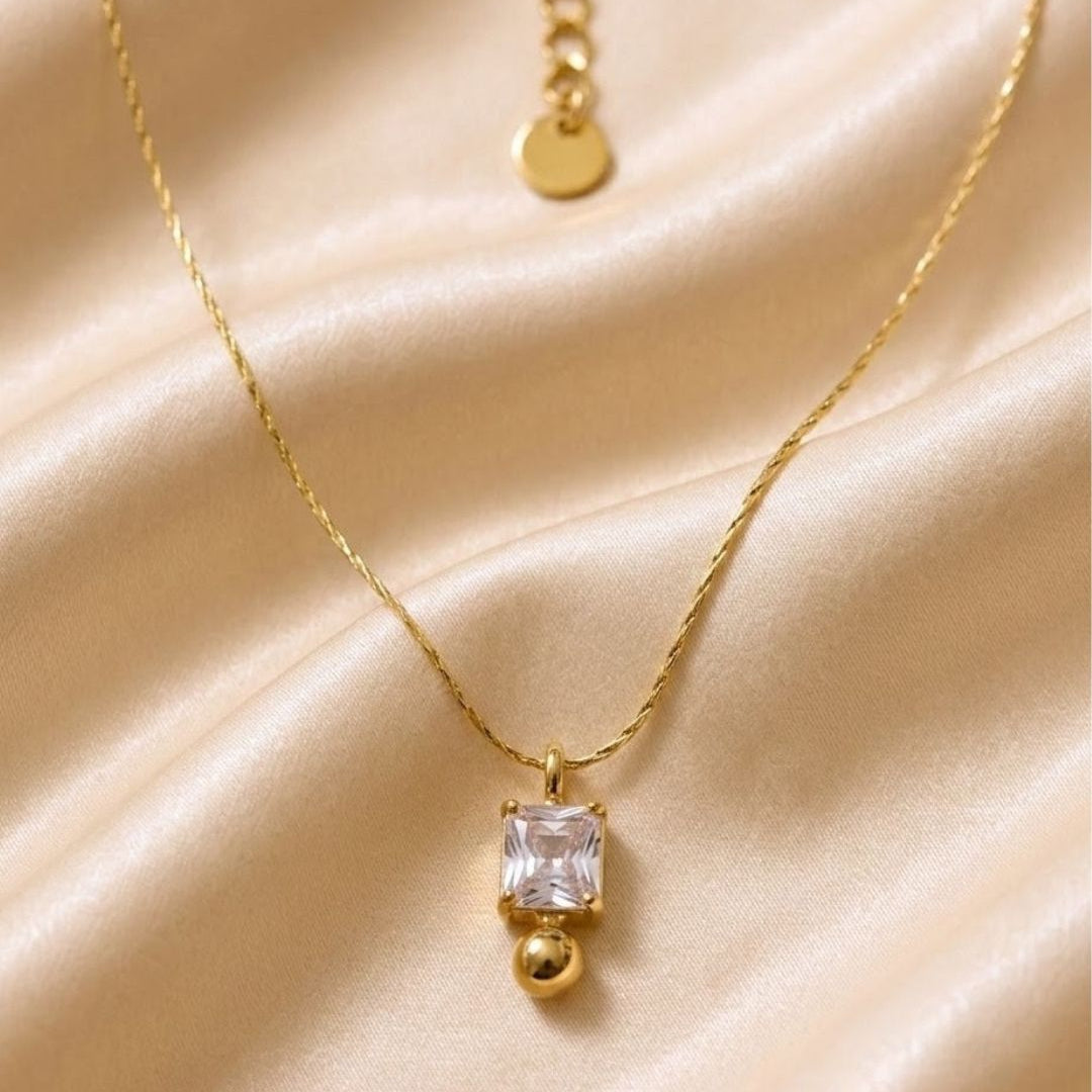 Square Crystal Bead Drop Gold Plated Necklace