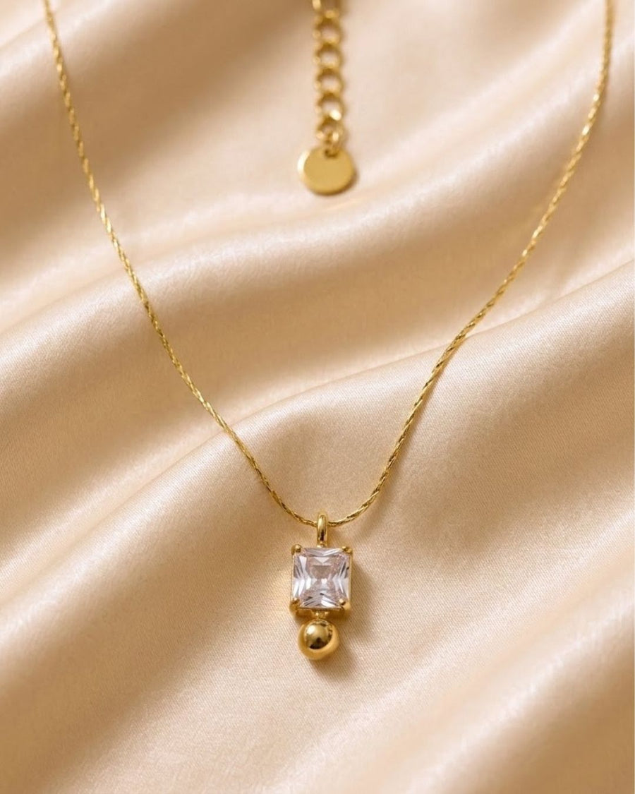 Square Crystal Bead Drop Gold Plated Necklace