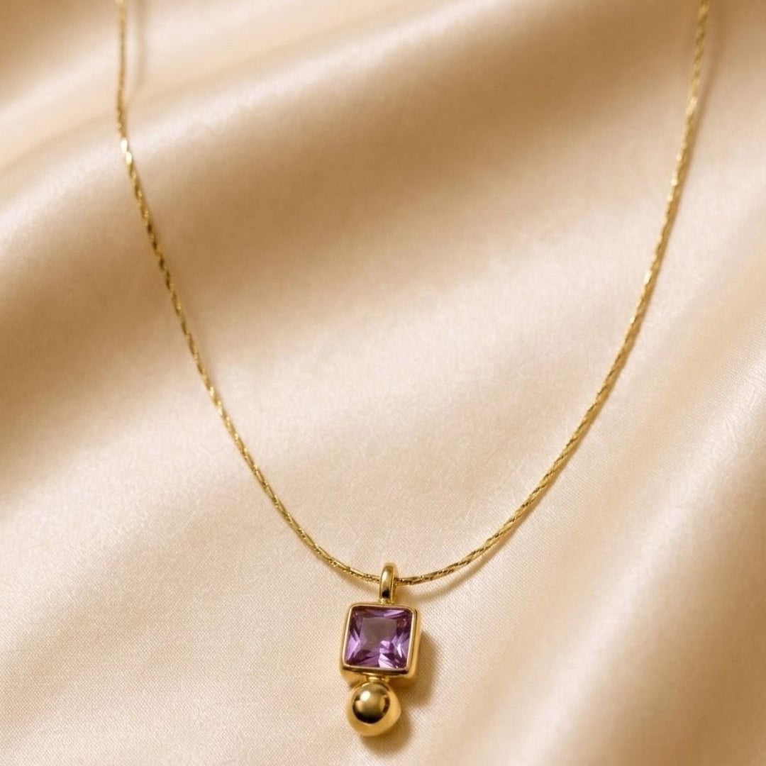 Square Pink Gem Bead Drop Gold Plated Necklace