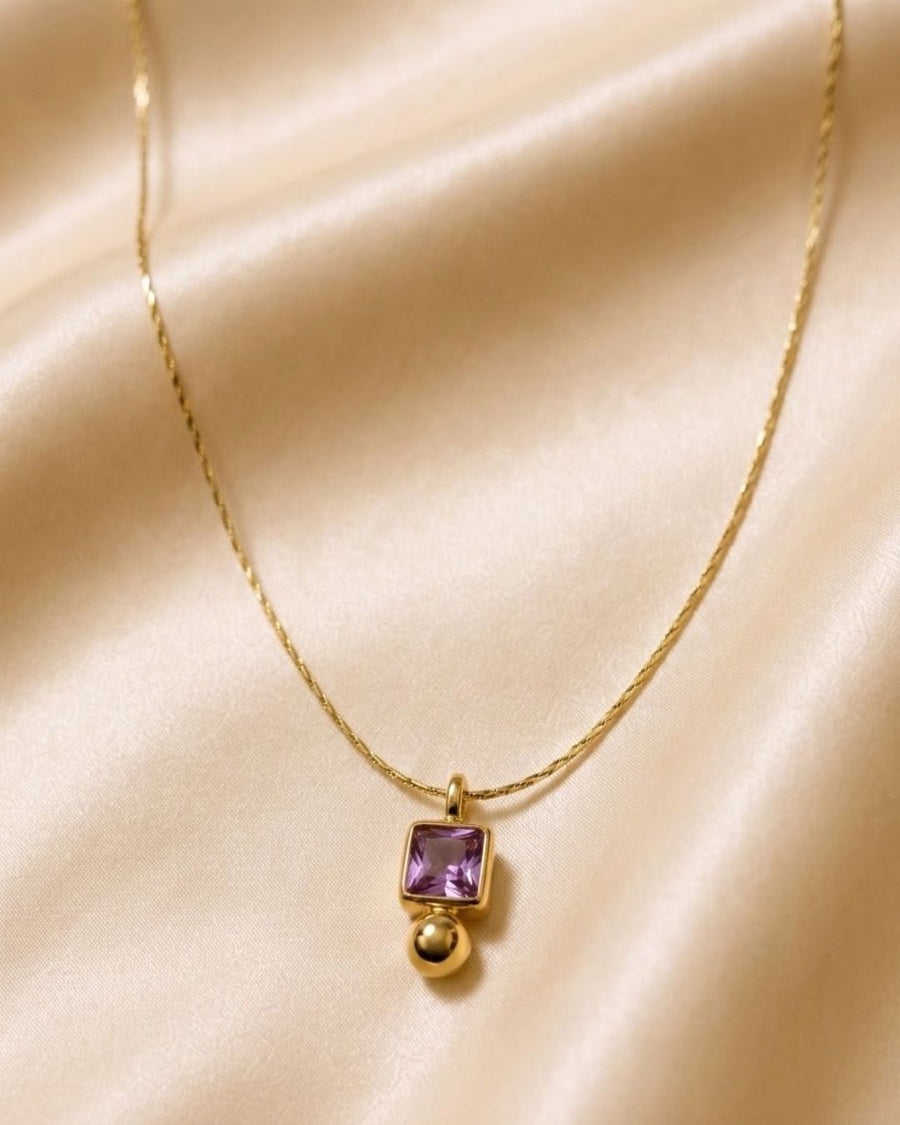 Square Pink Gem Bead Drop Gold Plated Necklace