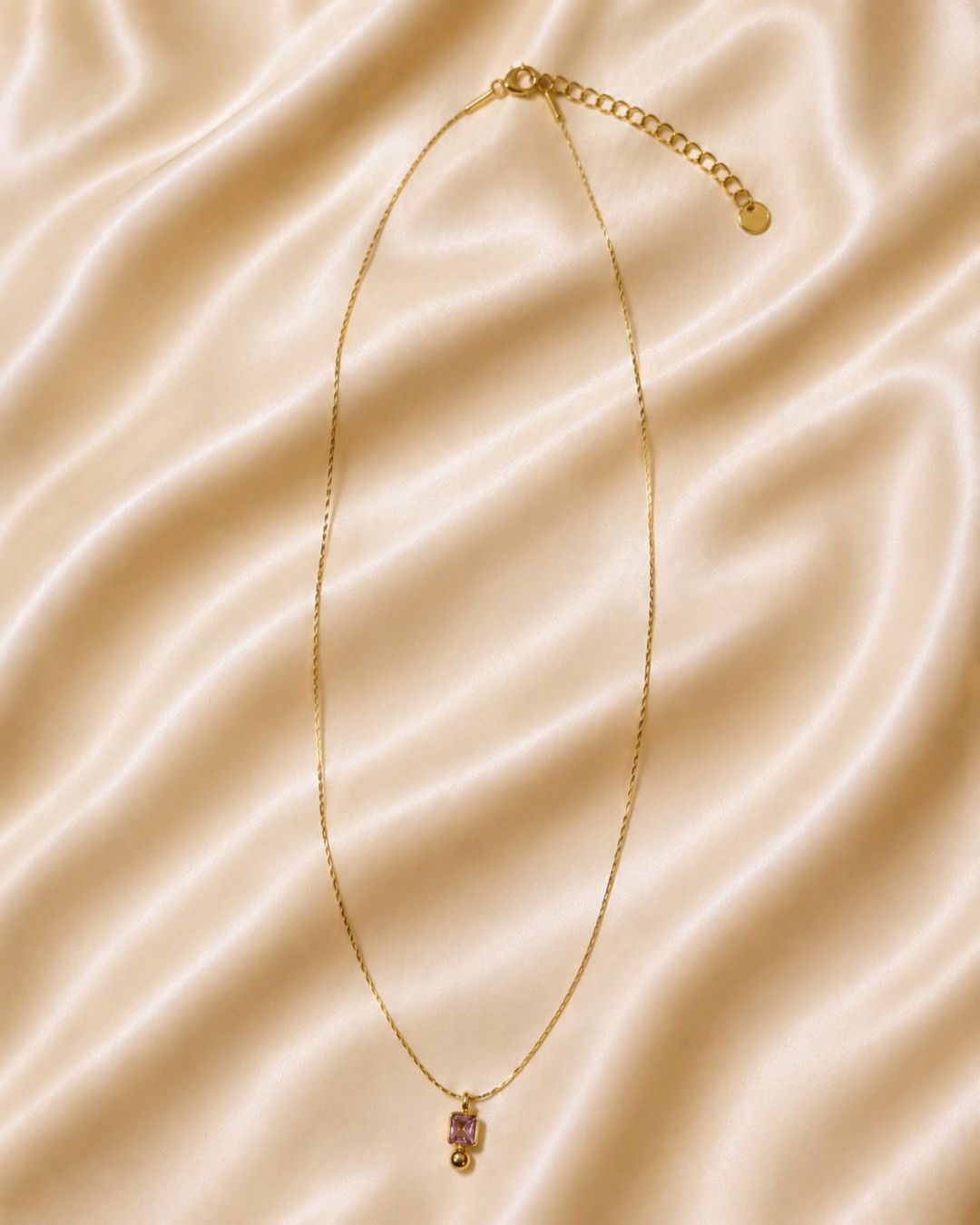 Square Pink Gem Bead Drop Gold Plated Necklace