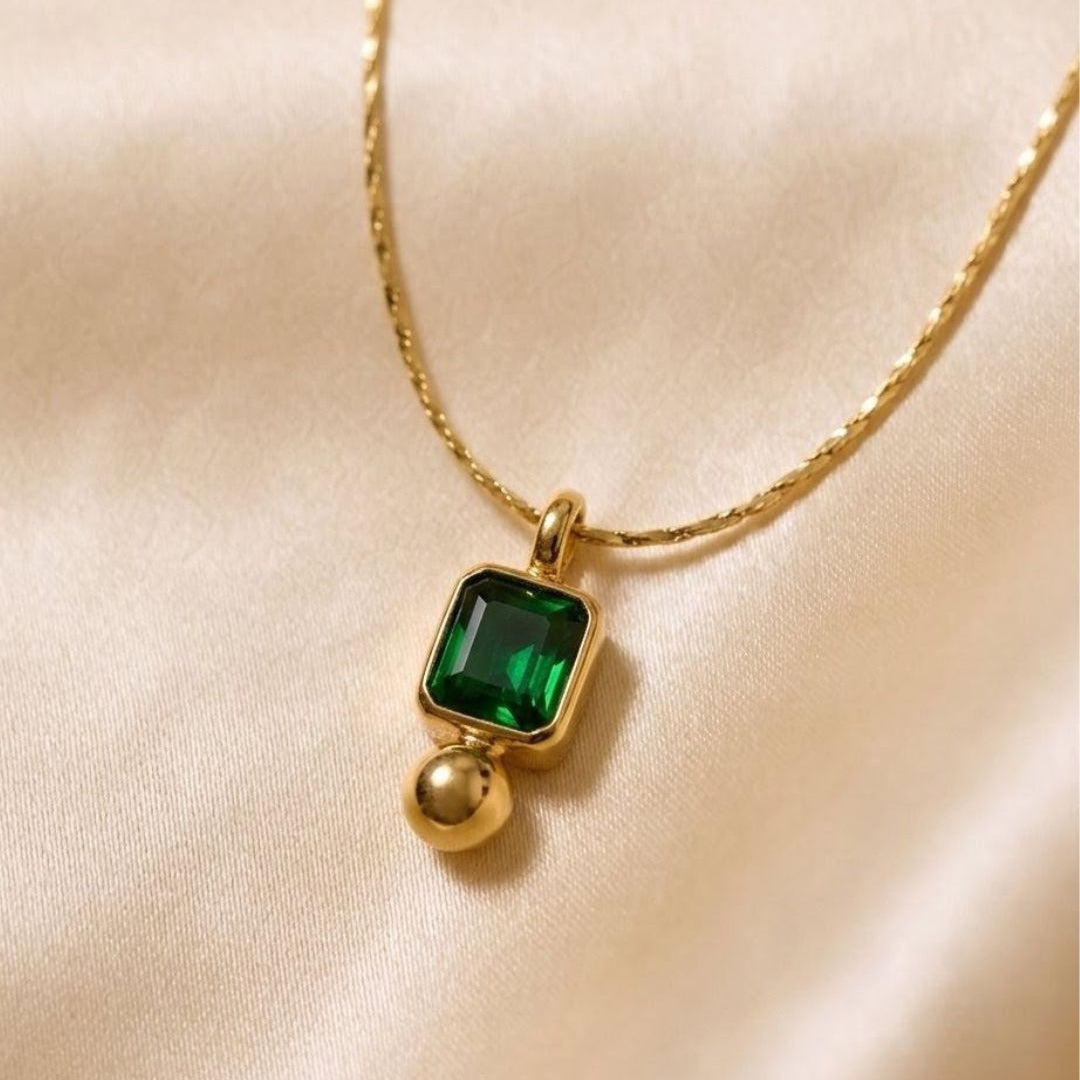 Square Green Gem Bead Drop Gold Plated Necklace