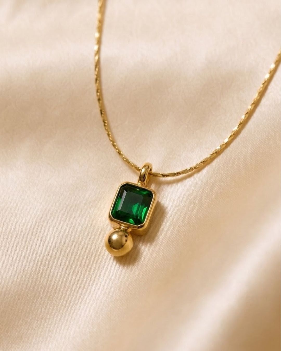 Square Green Gem Bead Drop Gold Plated Necklace