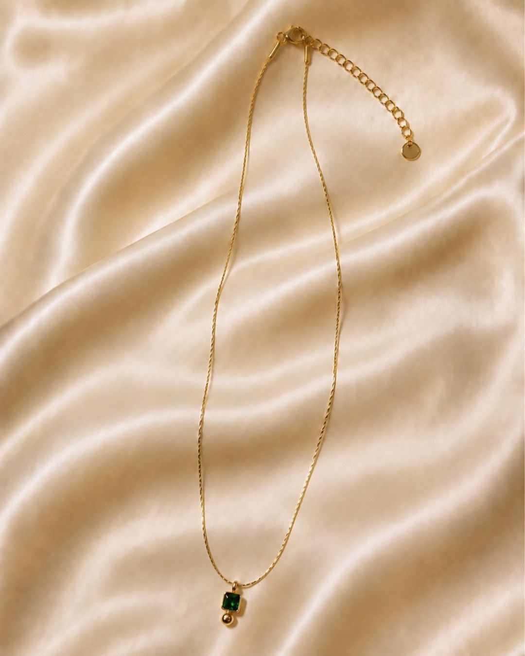 Square Green Gem Bead Drop Gold Plated Necklace