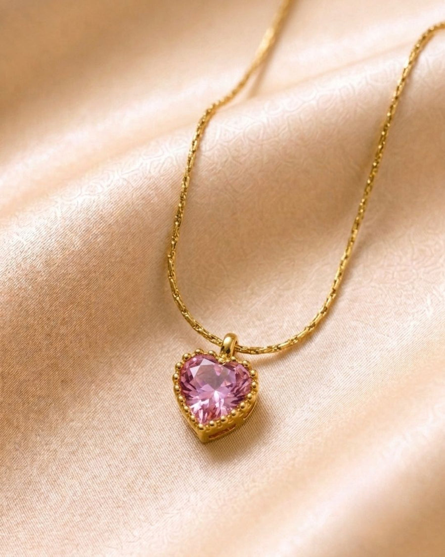 Pink Heart Gem Beaded 18k Gold Plated Necklace