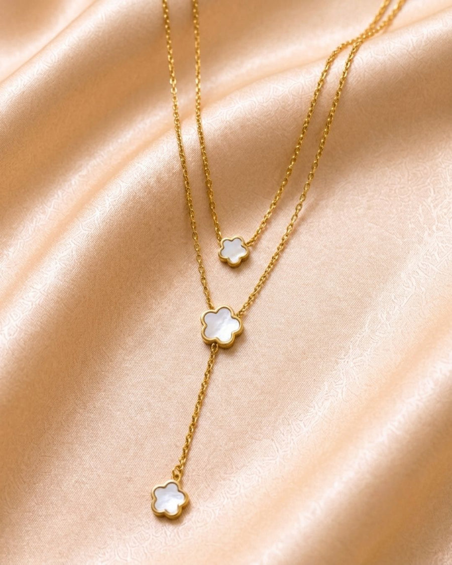 Double Layer Mother of Pearl Flower 18k Gold Plated Necklace