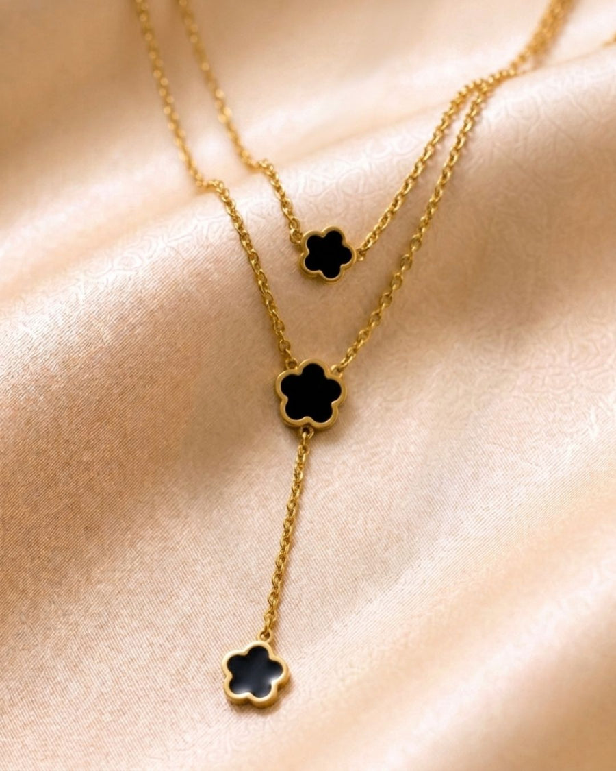 Double Layer Black Flower 18k Gold Plated Necklace