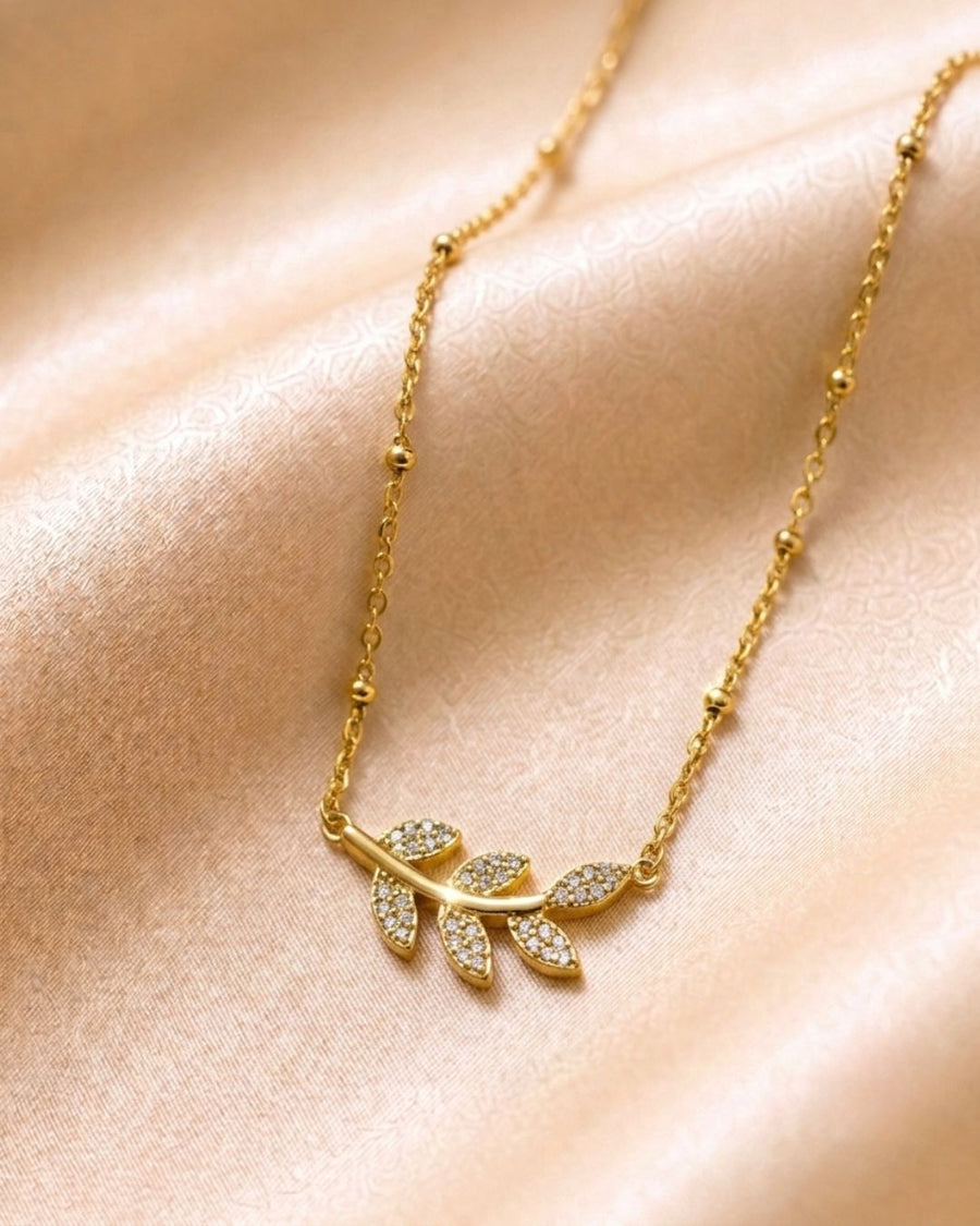Crystal Olive Branch Leaf 18k Gold Plated Necklace