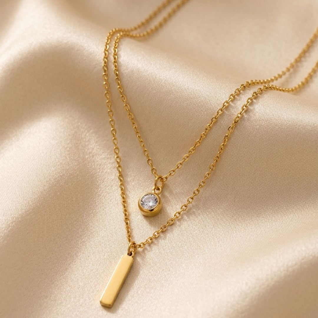 Aura Bar & Solitaire Layered Gold Plated Necklace