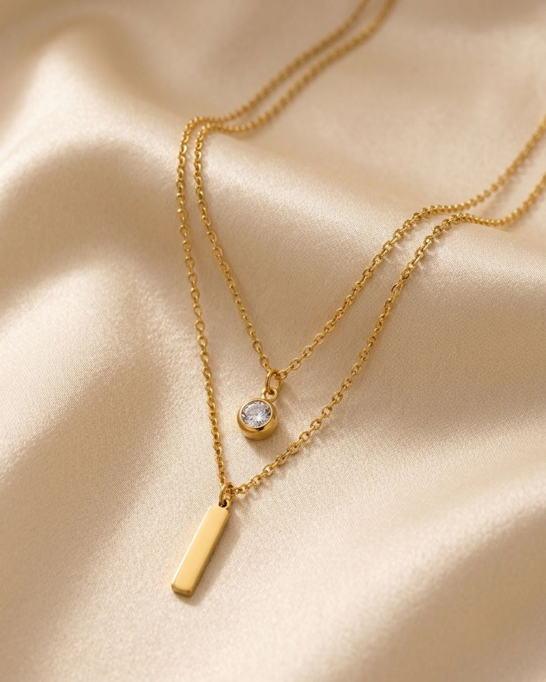 Aura Bar & Solitaire Layered Gold Plated Necklace