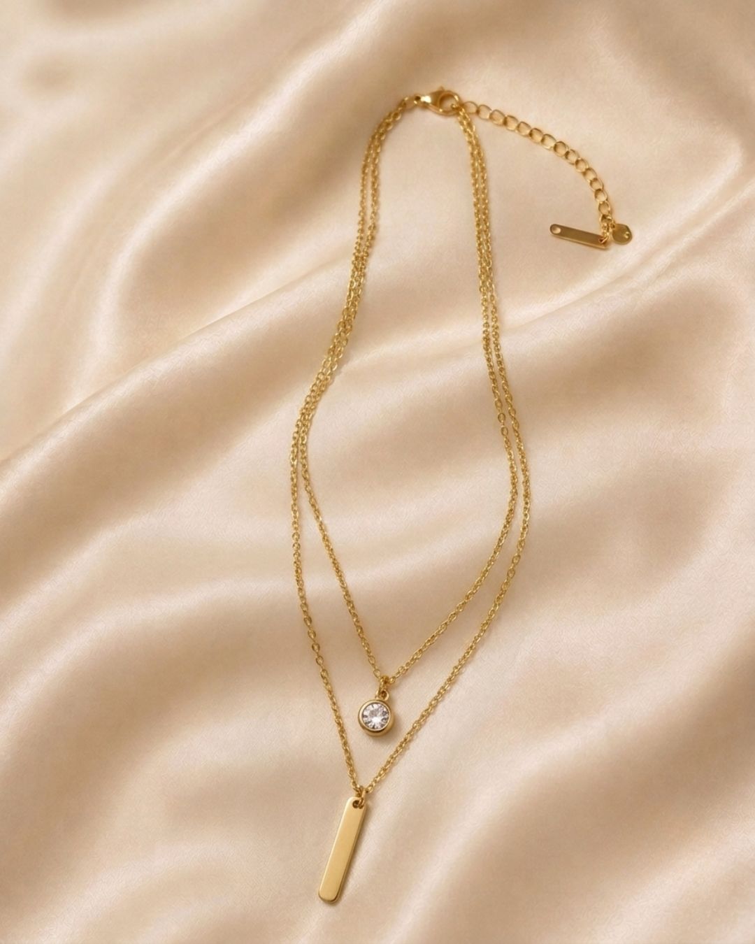 Aura Bar & Solitaire Layered Gold Plated Necklace
